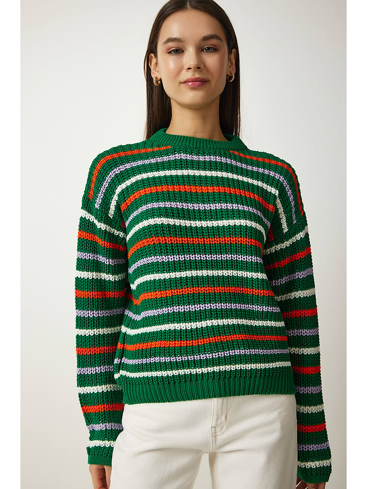 Happiness Istanbul Pullover in Grün/ Orange/ Weiß - onesize
