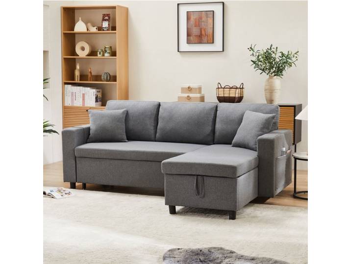 ELVORIN canapé lit d angle 219 5 x 142 5 x 83 cm lin gris foncé coffre 2 coussins