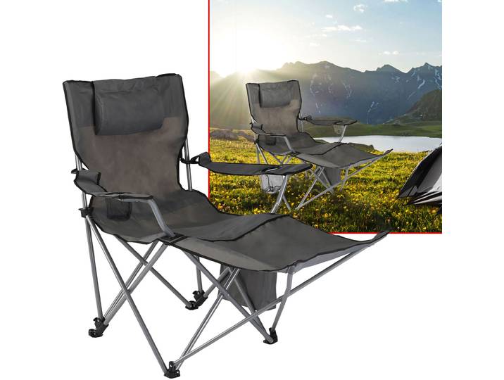 Luxuriöser Campingstuhl mit Kopf- & Fussstütze sowie Kühl- und Aufbewahrungstasche