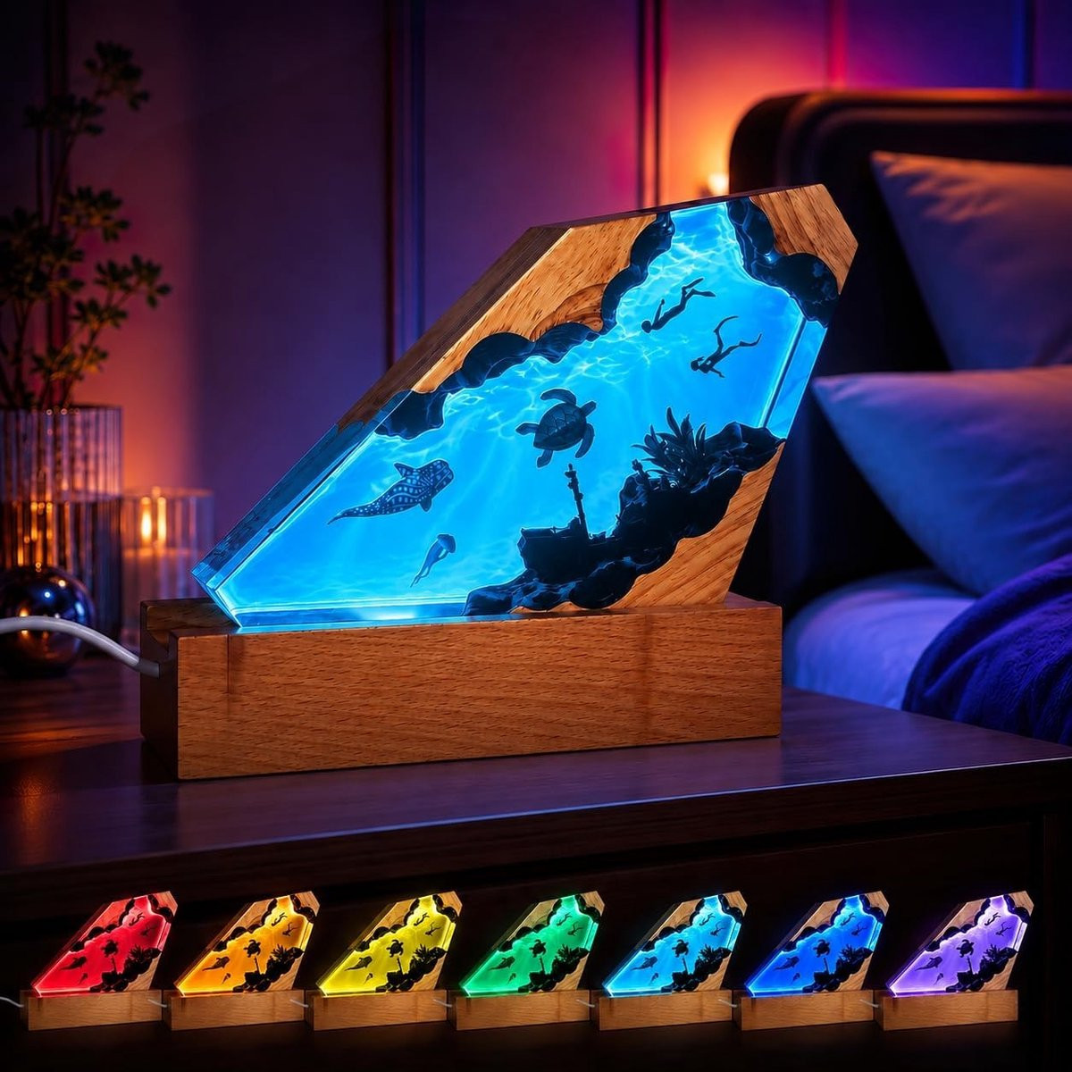 Dimbare 3D Epoxy Houten Ocean LED Nachtlamp met 7 Kleuren voor Sfeervolle Verlichting