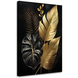 LEINWANDBILD Monstera Palmenblätter in Gold 80x120cm