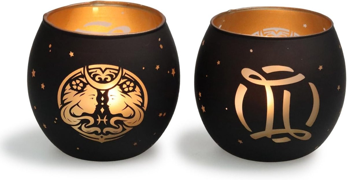 Set van 2 Sterrenbeeld Kaarsenhouders van Glas met Lasergravure voor Tweelingen - Astrologische Votiefkaarsenhouder voor Volwassenen