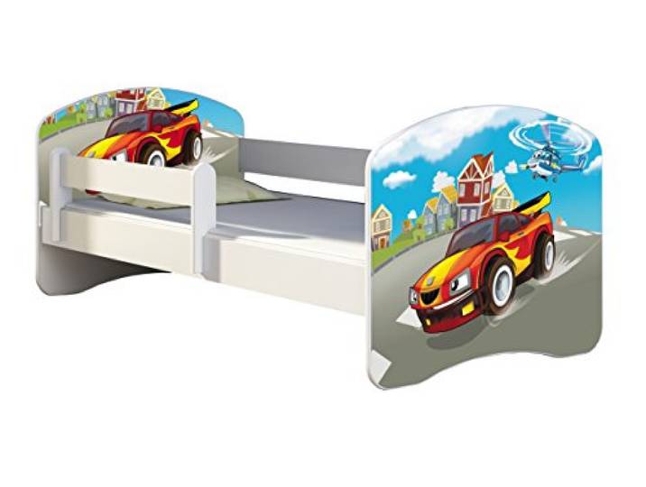 ACMA Kinderbett 160x80 Jugendbett mit Matratze, Rausfallschutz, Lattenrost Weiß, stabil, Kinderzimmer Bett, Jugendmöbel Design 03 Racing Car