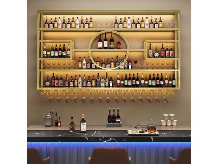 Weinregal Wand Weinregal Zur Wandmontage Mit Glashaltern Metall Flaschenregal Weinregale Gläserhalter Weinflaschenhalter Flaschenhalter Ideal Als Barregal Und Getränkehalter Für Weinkeller Küche(Gold,