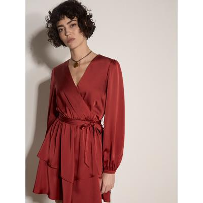Partykleid APRICOT "Satin-Wickel-Minikleid", Damen, Gr. 12, Normalgrößen, gewebt, burgundy, gewebt, , Modisch, normal, V-Ausschnitt, Knopf, Kleider Partykleid, mit Stoffgürtel