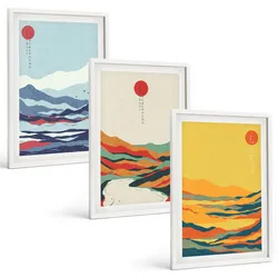 BILDER SET 3er Set - 40x60 cm Weißer Rahmen - Abstraktion von farbenfrohen Bergen und Flüssen