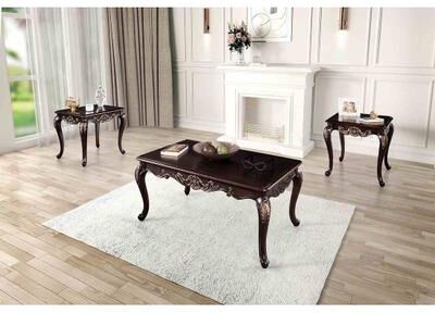 Esofastore Dark Cherry Finish Living Room Table Set Solid Wood Carved Details