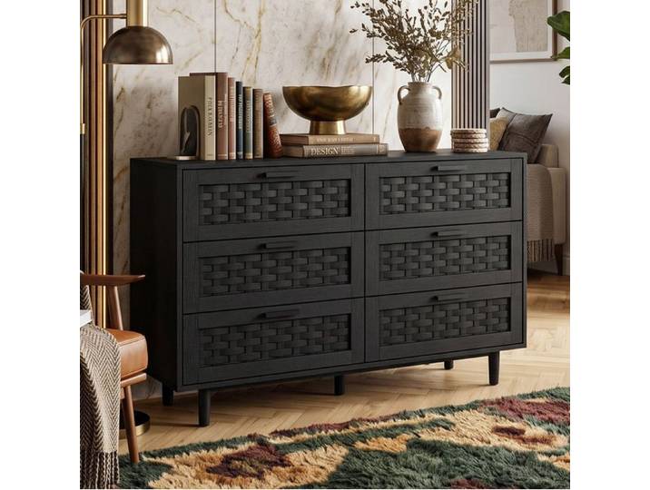 Commode 6 Tiroirs - 115x40x80 cm - Anti-basculement & Grand Stockage - Buffet en Bois Noir et Tiroir Tissage PVC Effet Rotin