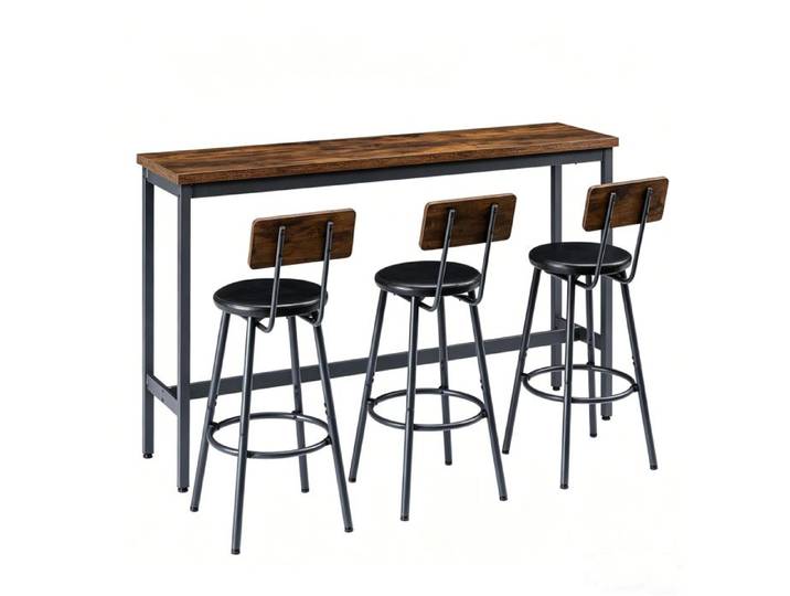Ensemble table haute avec 3 tabourets de bar rembourrés en PU design industriel Cadre en Acier Marron rustique