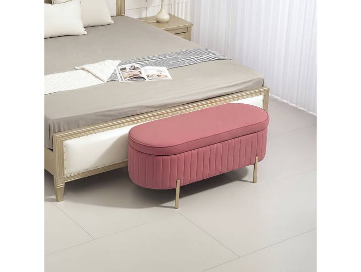 HOMCOM Banc Ovale Velours Rose avec Rangement Pieds Dorés