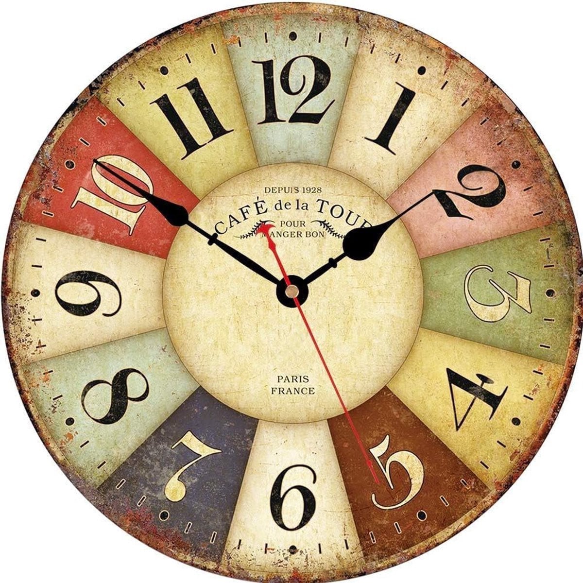 SnelShoppen Houten Wandklok Vintage Parijs - 30 cm - Geruisloos Analoog Kwartsuurwerk