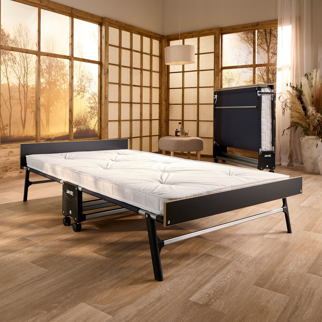 Jay-Be® Grand Folding Guest Bed with e-Pocket Tufted Sprung Mattress, 360° Castors, Headboard & Footboard Black Small Double (120 x 194 cm)