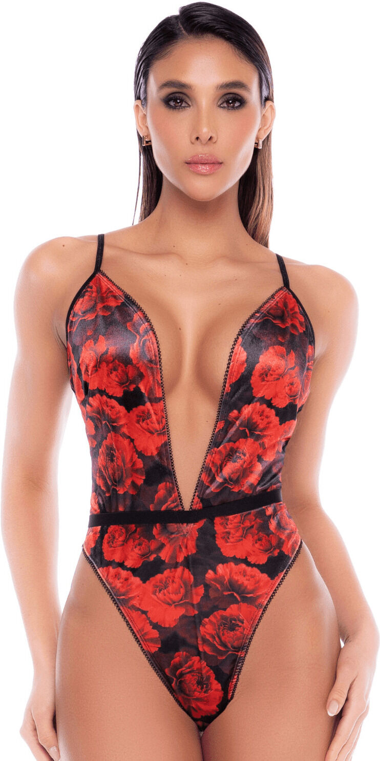 Mapalé Body en résille noire et rouge à imprimé floral et décolleté plongeant