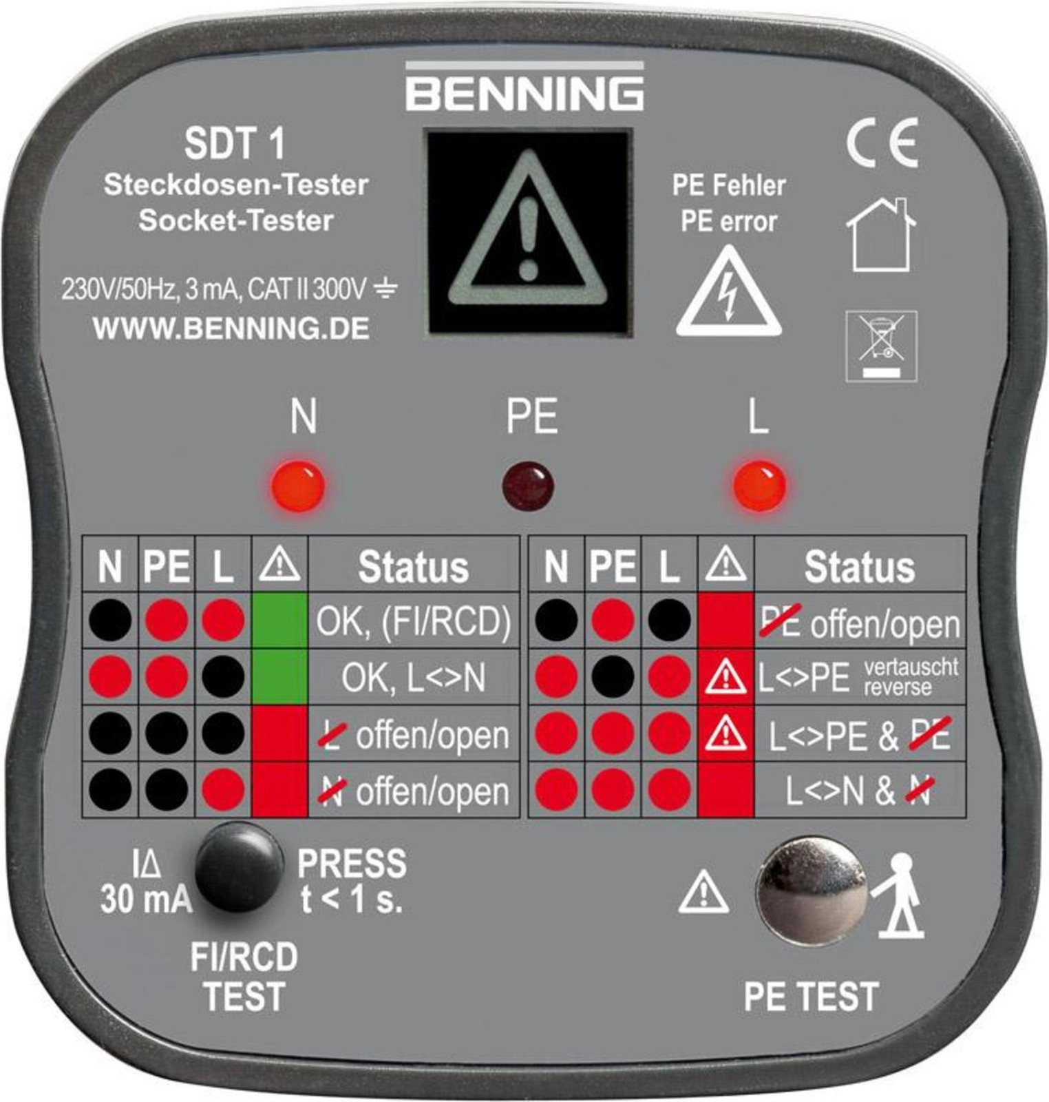 BENNING SDT1 stekkerdoortestapparaat voor detectie van PE-fouten