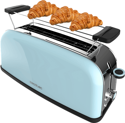 Tostadora - Cecotec Toastin' time 1100 Blue Long, 850 W, 2 rebanadas, 7 niveles, Calienta panecillos, Diseño retro, Azul