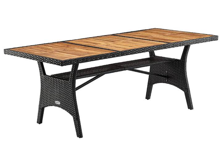 CASARIA Table de jardin polyrotin Noir 190x90x74 cm plaque en bois d'acacia pré-huilé réglable résistante intempéries