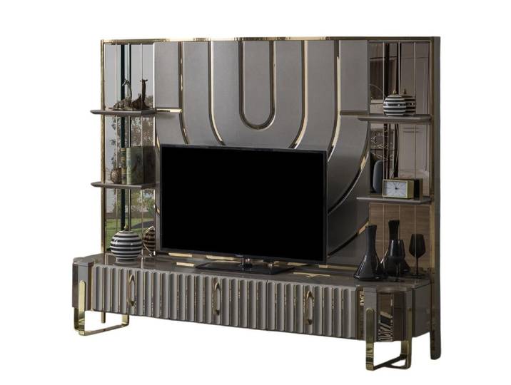 JVmoebel TV-Board Luxus TV Lowboard RTV Sideboard Gold Grau Eleganter TV Ständer Sofort (2 St), Made in Europa