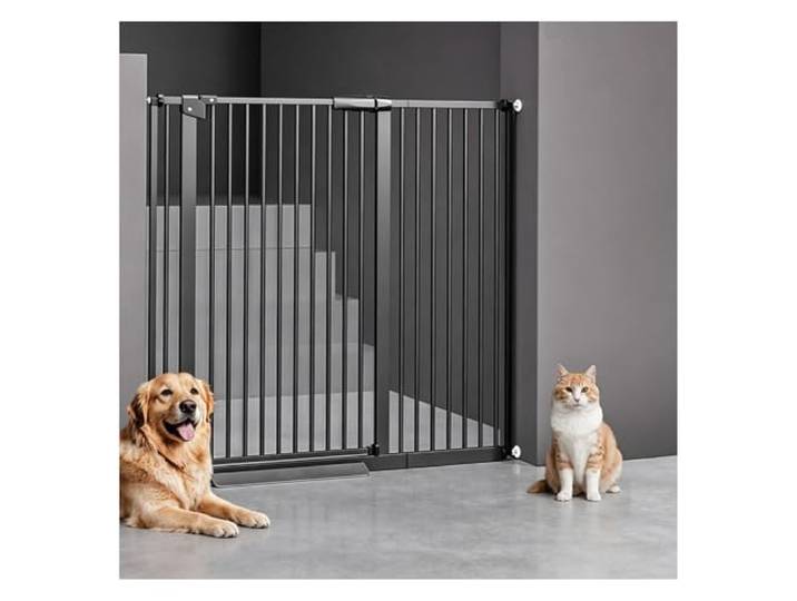 Hundegitter Ohne Bohren, Automatische Schließfunktion mit 180°-Schwenköffnung, Treppenschutzgitter und Absperrgitter Hund, 3,5 cm Spaltbreite, Druckmontage(Size:286-295cm/112-116in,Color:schwarz)