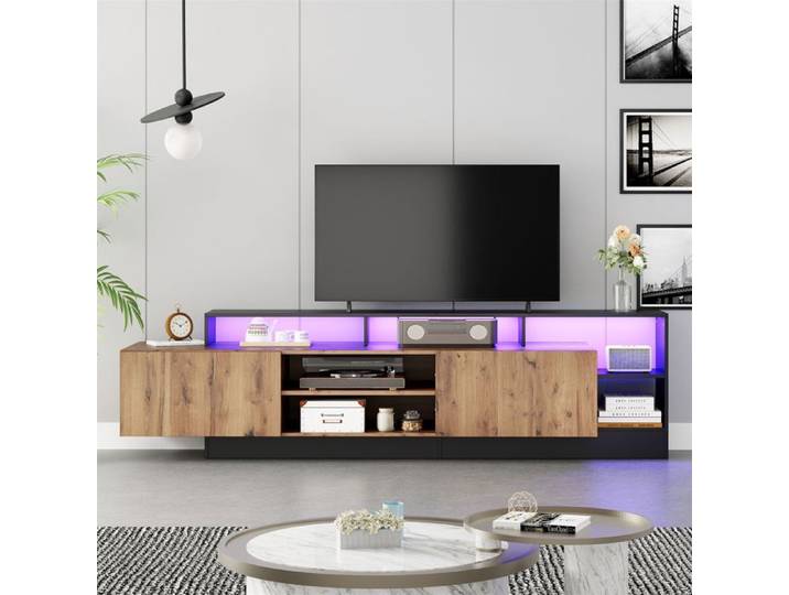 Meuble TV - SOGEU - LED - Aspect bois naturel - Structure noire - Éclairage LED 16 couleurs