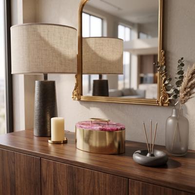 Sagebrook Home "Decorative Box - Pink/Gold Metal Round with Stone Lid 12"" - 12.0"""