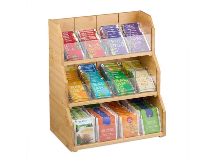 Relaxdays Teeorganizer Natur Bambus 12 Fächer stapelbar, Hellbraun, Holz, Kunststoff, Rechteckig, 31x36x19 cm, Geschirr, Kannen & Karaffen, Kaffeezubehör & Teezubehör