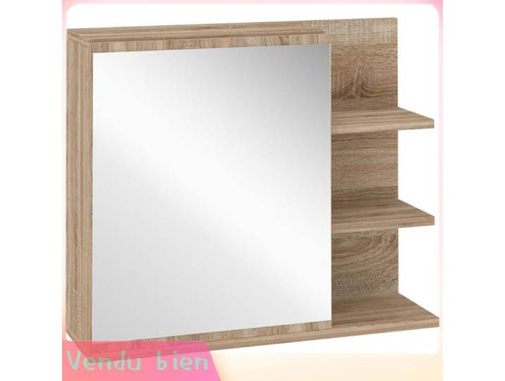 LIA Armoire miroir salle bain 3 étagères latérales chêne clair