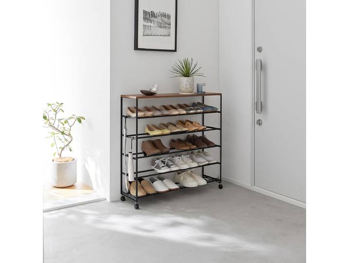 Rollbares Schuhregal Tower 91 x 87 x 26cm Schwarz/Walnuss/Schwarz