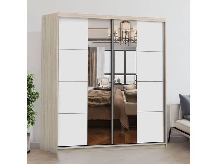 Schwebetürenschrank Kleiderschrank Schrank 203cm Sonoma/Weiß mit Spiegeln und Zierleisten Pola 38