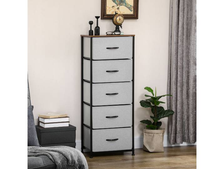 HOMCOM Commode 5 Tiroirs Tissu Acier Noir - 45x30x116cm Gris