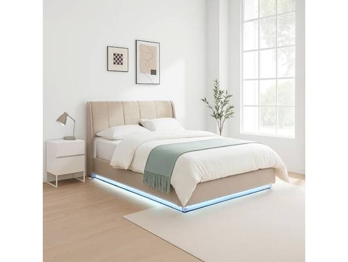 [en.casa] Polsterbett 160x200 cm Tröstiar Leinen Beige Doppelbett mit LED-Beleuchtung, Bettgestell 160x200, Stauraum, Gepolstertes Kopfteil, Bettkasten, aufklappbarer Lattenrost