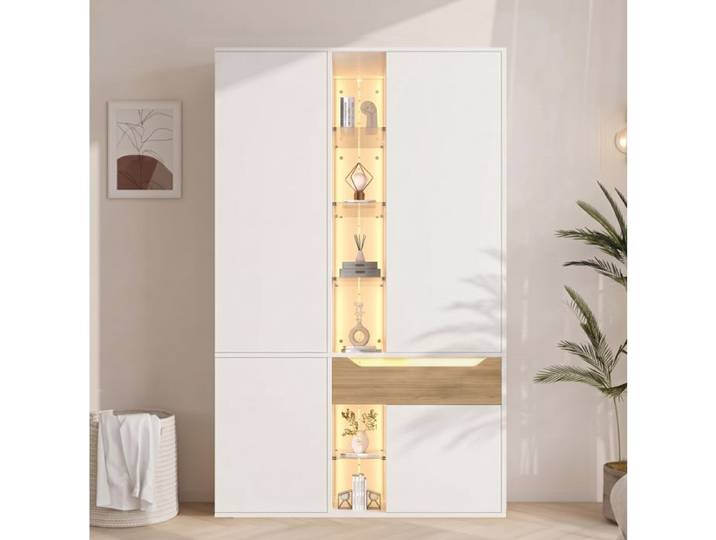Armoire de chambre QAVRYL 122 x 50 x 200 cm avec vitrine LED penderie tiroir et rangements blanche