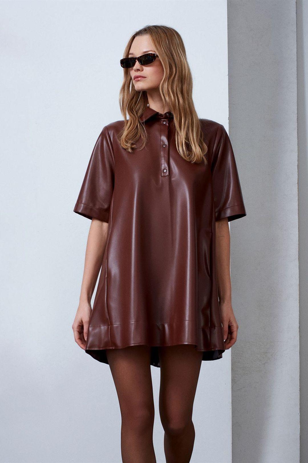 Lässiges Fake-Leder Minihemdkleid