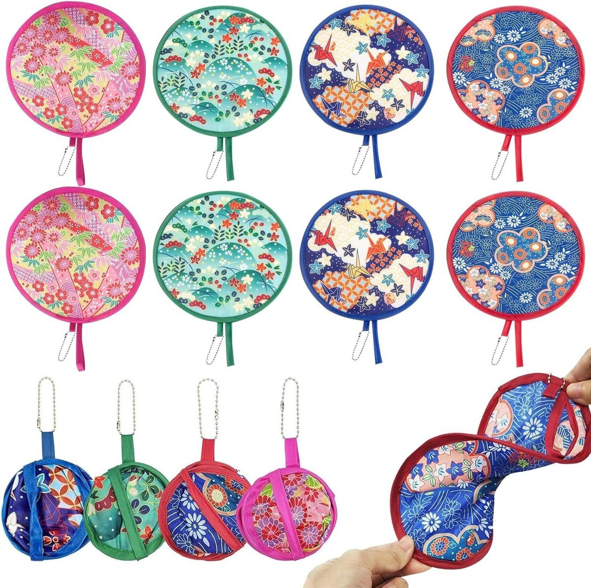 Set van 8 Japanse ronde handwaaiers met veelkleurige patronen, diameter: 21 cm