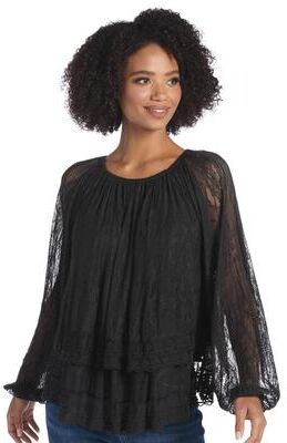 Masseys Tiered Lace Top Casual in Black, Size 5X, Polyester/Spandex