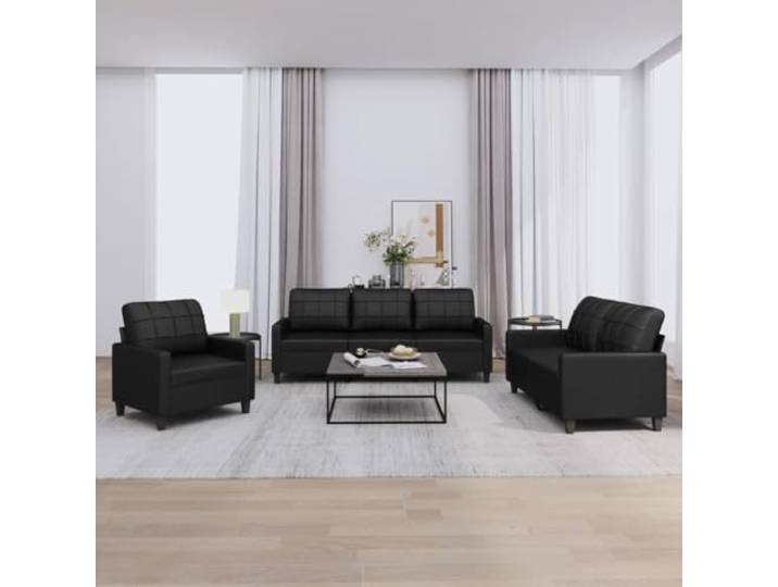 HEFZGDB 3-TLG. Sofagarnitur mit Kissen Schwarz Kunstleder Langlebiges Polstermöbel Modernes Design für Wohnzimmer Bequeme Sitzgruppe mit Schmutz abweisender Oberfläche Robuste