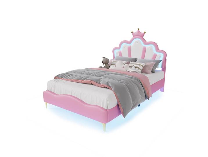 Shopentra Mädchen Kinderbett 140x190cm rosa PU mit Krone & LED-Beleuchtung, Pink, Holz, Schlafzimmer, Betten