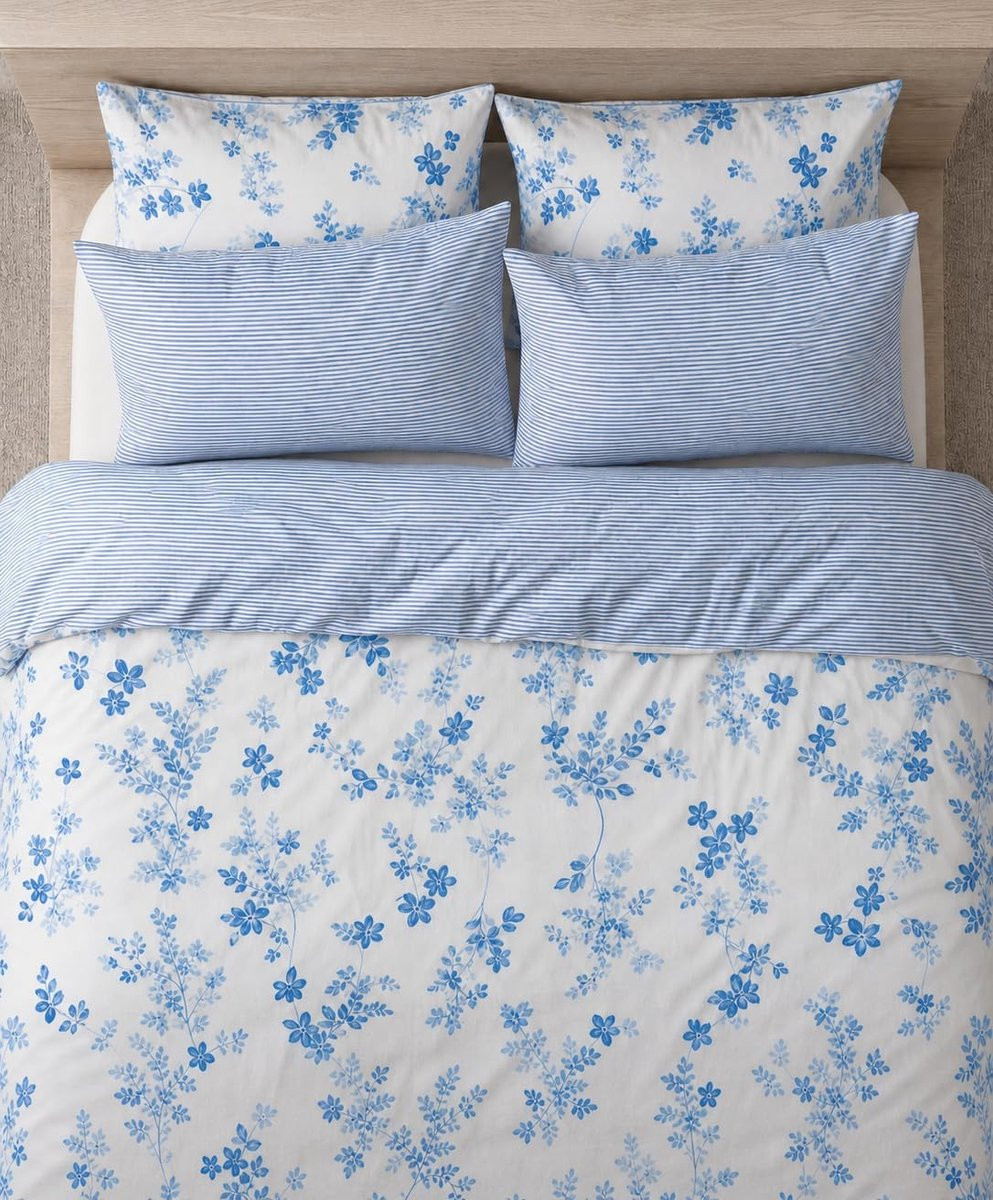 Omgoods 3-delige Dekbedovertrekset met Reversible Design in Bloemen en Strepen, 240 x 220 cm