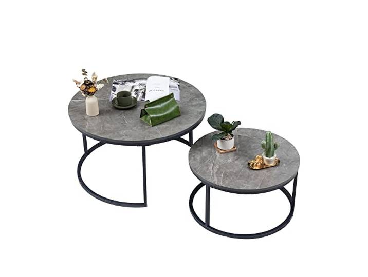 Soayone Couchtisch Rund 2er Set Marmor Couchtisch Grau Wohnzimmertisch 80cm Moderne Wohnzimmertisch in Grau Runder Tisch Wohnzimmer mit Grau Metallbeinen, Coffee Table 80 x 80 cm & 60 x 60 cm