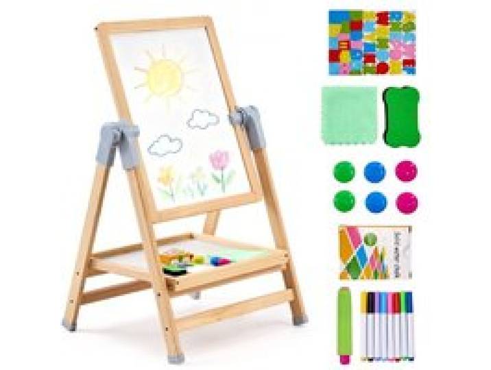 VEVOR Kunststaffelei für Kinder, 2-in-1-Kunststaffelei aus Holz, doppelseitig, mit magnetischem Whiteboard und Kreidetafel, verstellbares, stehendes, drehbares, faltbares Zeichenbrett mit Malzubehör für Jungen und Mädchen