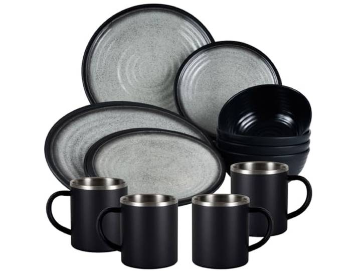 Melamin Geschirr Set Grau Schwarz Edelstahl Thermo Tassen Tonoptik Camping