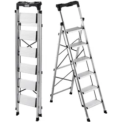 VEVOR Trittleiter 6 Stufen, Klappleiter mit Anti-Rutsch-Stufen & Komfortablem Handgriff, Haushaltsleiter Tragkraft 150 kg, Aluminium-Sicherheitsleiter für Küche, Lager, Haushalt & Büro, Silber