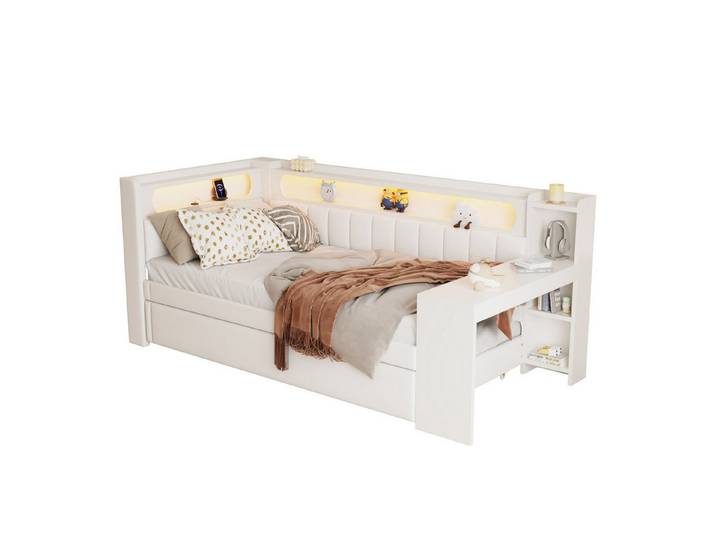 MODFU Kinderbett Tagesbett,Funktionsbett (Gepolstertes Tagesbett mit LED-Beleuchtung, USB-Anschlüssen & Ausziehbett., 1-tlg., 90x200), mit Ausziehbett