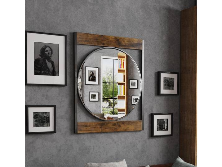 Miroir Mural Industriel avec Cadre en Métal et Bois, Décoration de Salon, 63x76cm
