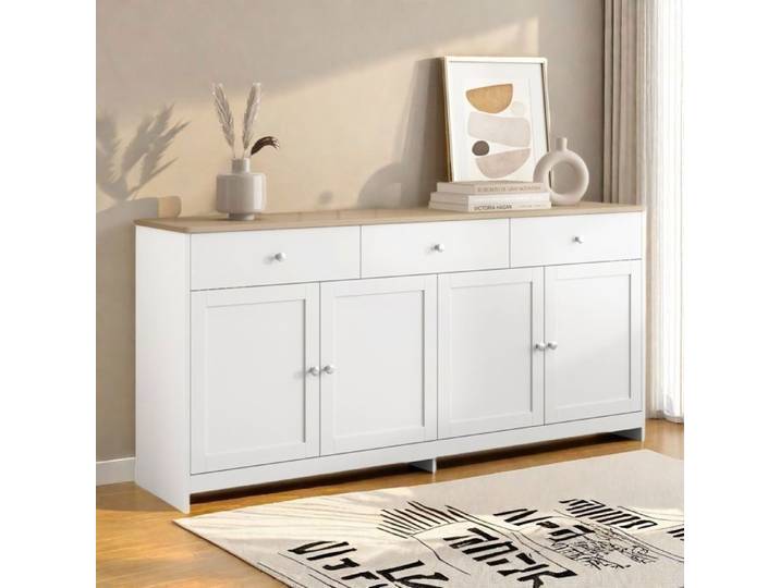 Buffet Moderne Buffet Bas Buffet bahut avec 3 tiroirs et 4 portes Rangement Armoire de Cuisine 160x37x75cm Blanc Pour Salon Cuisine