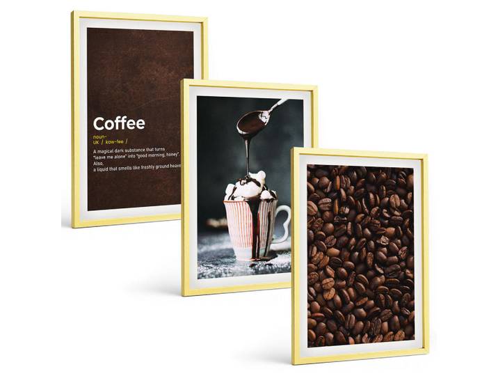 Tulup Bilder SET 3er Set - 40x60 cm Goldrahmen - Kaffeegetränk mit Schlagsahne, Goldfarben, Kunststoff, Rechteckig, 40x60 cm, gerahmt, Bilder & Rahmen, Bilder