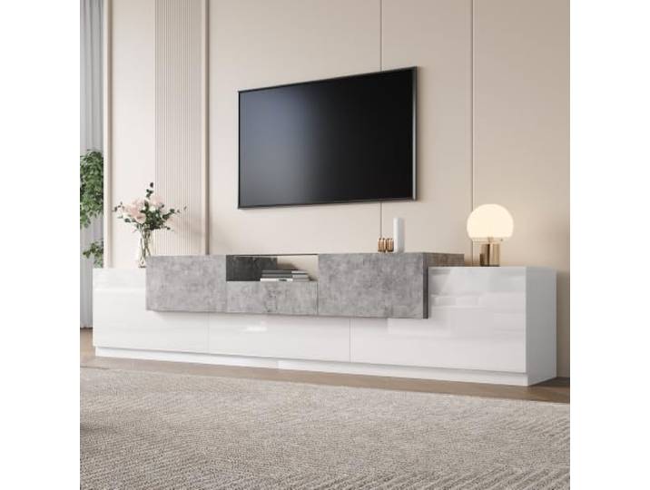 TV-Schrank Verbundplatte, weiß-zementgraue Kombination, Seitentüren,zentrale Schublade, offene Ablage mit gehärtetem Glas darüber, Klapptür unter der Schublade, Kabeldurchlass, gedämpfte Scharniere,