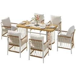 Merax Gartenmöbel Set 6-Sitzer, Outdoor Essgruppe mit Tisch und Stühlen, WPC Tisch Holzoptik, Eisengestell weiß, PE Rattan