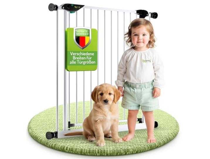 BOMI Kindergitter tür ohne Bohren Mira 90° Stop Schließt automatisch Hunde Türschutzgitter BOMI Kindersicherung Hochwertige Treppensicherung für Kinder Breite: 233-241 cm