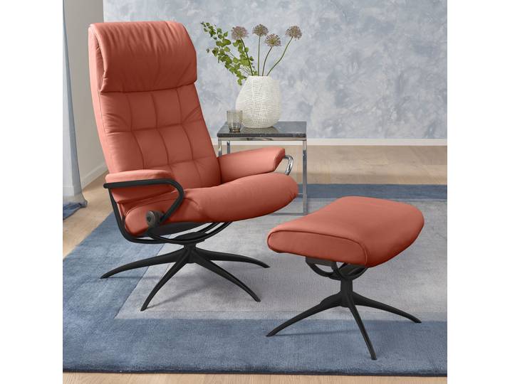 Relaxsessel STRESSLESS London , rot (henna paloma), B:80cm H:116cm T:71cm, Leder BATICK: durchgefärbtes und genarbtes Möbelleder;Leder PALOMA: durchgefärbtes Semianilin-Möbelleder;ROHLEDER Stoff Q2 FARON (100% Polyester im Flor, Grundgewebe: 50% Polyester, 50% Polyacryl), Sessel, Relaxsessel, mit Hocker, High Back, mit Star Base, Gestell Schwarz