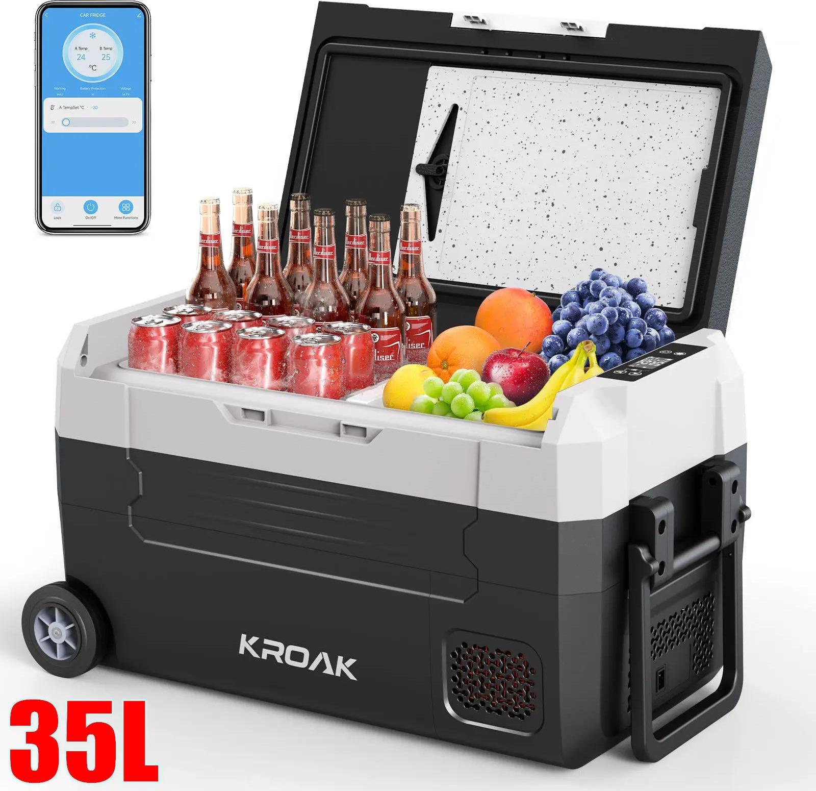 Tragbare Kühl- und Gefrierbox - 35 l Kfz-Kompressor-Kühlbox - Dual-Zone Kühlung - 12/24 V & 220 V - Bluetooth App-Steuerung - Mit Rädern - Für Camping und Reise
